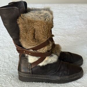 MANAS Brown Leather boots with straps & Rabbit Fur size 10.5